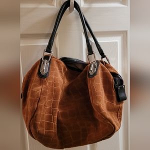 Innue Italy Brown Suede Leather Carryall Hobo Oversize Bag LG Purse Lizard Print